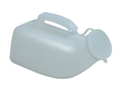 Translucent plastic male urinal with handle and anti-spill lid, side view.
