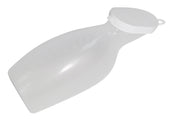 White plastic female urinal bottle with snap-on lid, designed for easy use, side view.