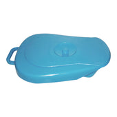 Blue plastic unisex bedpan with lid and handle, shown in home or medical setting, angled side view.