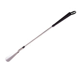 Aidapt long shoehorn with black handle and hanging loop, designed for putting on shoes without bending, side view.