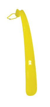 Long plastic shoehorn with a hanging loop at the top, white background, side view.