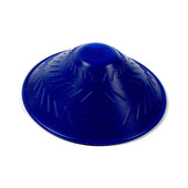 Red round silicone jar opener with textured surface, raised dome and grooves for grip, top view.