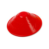 Red non-slip dome-shaped jar opener with raised grip lines, top view.