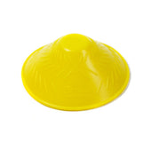 Red Tenura jar opener with non-slip textured grip and raised centre for opening jars, top view.
