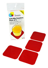 Pack of four red 90mm non-slip coasters with square grip surfaces shown beside the packaging, front view.