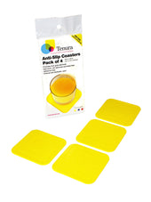 Yellow Tenura Non-Slip Coaster 90mm, pack of 4 in packaging with a glass and product details shown, front view.
