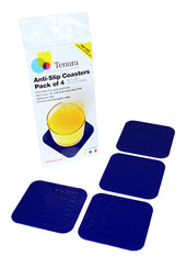 Four yellow Tenura non-slip coasters, 90mm, in pack; packaging displays a glass resting on a coaster, front view.