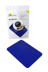 Red rectangular Tenura non-slip table mat in packaging with cup and plate placed on top, front view.