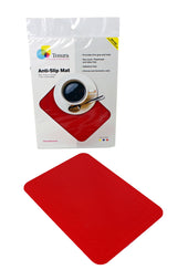 Red rectangular non-slip table mat in packaging, holding a cup and saucer on top, in use view.