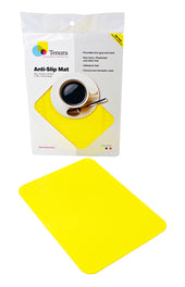Red Tenura non-slip table mat with packaging showing a coffee cup and product information, front view.