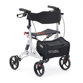 Drive Suspension Rollator with four wheels, adjustable seat, backrest, hand brakes and under-seat storage pouch, front angle view.
