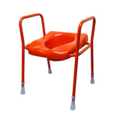 Red toilet seat and frame with height adjustment, armrests, and four support legs, front angle view.