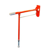 Red drop down grab rail with grey end cap and adjustable leg, shown from the side.