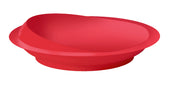 Red scoop plate with wide rim and non-slip suction base on a plain white background, top view.