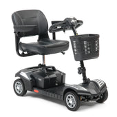 Black Drive Explorer mobility scooter with padded seat, suspension, front basket and tiller controls, e-brake system, side view.