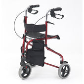 Red triwalker with black seat, storage pouch, and four wheels shown on a white background, angled front view.
