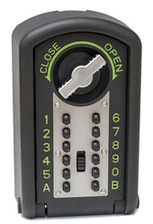 Black and silver Burton XL keysafe with 12-button keypad and CLOSE/OPEN dial, front view.