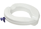 Aidapt Senator Raised Toilet Seat with large opening and purple locking clamp, side view.