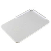 Rectangular white plastic kitchen spreader board with raised edges and non-slip feet, designed for one-handed use, top view.
