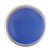 Blue round talking clock with a silver border, top view on white background.