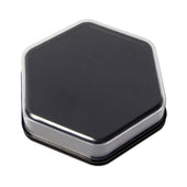 Hexagonal black tin with silver edges for Talking Tile Reminders, top view on a white background.