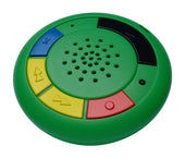 Round green multi-memo voice recorder with coloured buttons, symbols, and central speaker grill, front view.