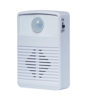 Small white motion sensor with speaker grill and ON/OFF switch, suitable for dementia aid use, front view.