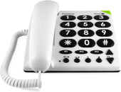 White corded phone with large black buttons, designed for easier use, front view.