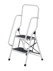 Drive two step safety ladder with side handrails and non-slip treads, front view.