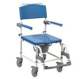 Blue and white Drive Aston heavy duty shower commode chair with armrests, footrests and removable seat, front angle.
