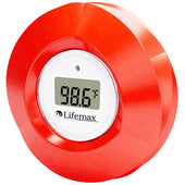 Red Lifemax floating bath thermometer with LCD showing 98.6°F, brand name under display, front view.