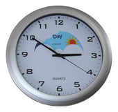 Ravencourt Day and Night Dementia Clock displaying 10:10:20, sun and cloud icons, day and afternoon text on the face, front view.