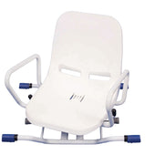 White rotating bath seat with backrest and armrests for tub support, shown from above.