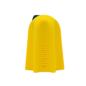Small yellow one-finger cutting tool with a ceramic blade and nimble embossed on the front, front view.
