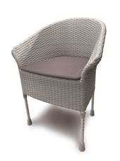 White commode chair with curved backrest, grey seat cushion, and four aluminium legs on a white background, front view.