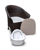 White Langham Walton commode with aluminium legs and removable white plastic chamber pot, front view.
