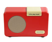 E2L Simple Music Player Retro Red with beige Lift button and KOTO controls, designed for easy use, front angle.