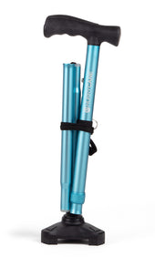 Black folding walking stick with black handle and rubber tip, portable design shown folded, angled view.