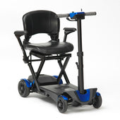 Blue Drive Auto Folding Scooter with black seat, armrests, and blue detailing, compact design, side view.