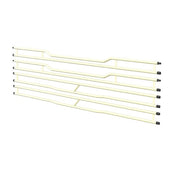 Six cream metal side rails with black end caps, arranged in a staggered pattern, fitted to bedside frame, side view.