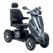 Drive King Cobra four-wheel mobility scooter with rotating seat, armrests and large tyres, for adults, side view.
