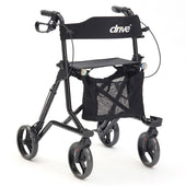 Lightweight aluminium rollator with four wheels, seat, backrest and mesh storage under seat, side view.