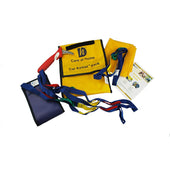 Yellow car assist pack with red handle, multicolour straps, blue pouch and instruction sheet on white surface, top view.
