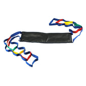 Black padded leg lifter with blue handles and multicoloured loops, used for stretching or therapy, close-up view.