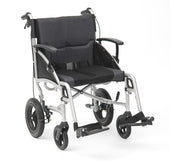 Lightweight foldable self-propelled wheelchair with black armrests, footrests and large rear wheels, side view.