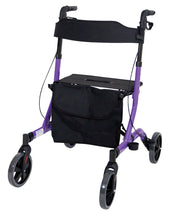 Grey ultra lightweight rollator with aluminium frame, four wheels, black seat, bag and hand brakes, side view.