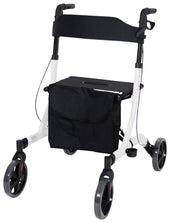 Grey Aidapt lightweight rollator with four wheels, black handles, aluminium frame and under-seat bag, front view.