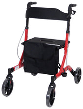 Red lightweight rollator with aluminium frame, black seat and backrest, storage bag, and hand brakes, front view.