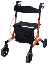Red ultra lightweight rollator with aluminium frame, seat, backrest, four wheels and front storage pouch, side view.