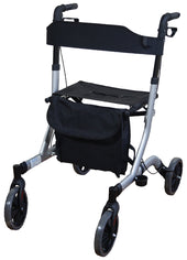 Grey aluminium rollator with black seat, storage pouch and hand brakes, side view.